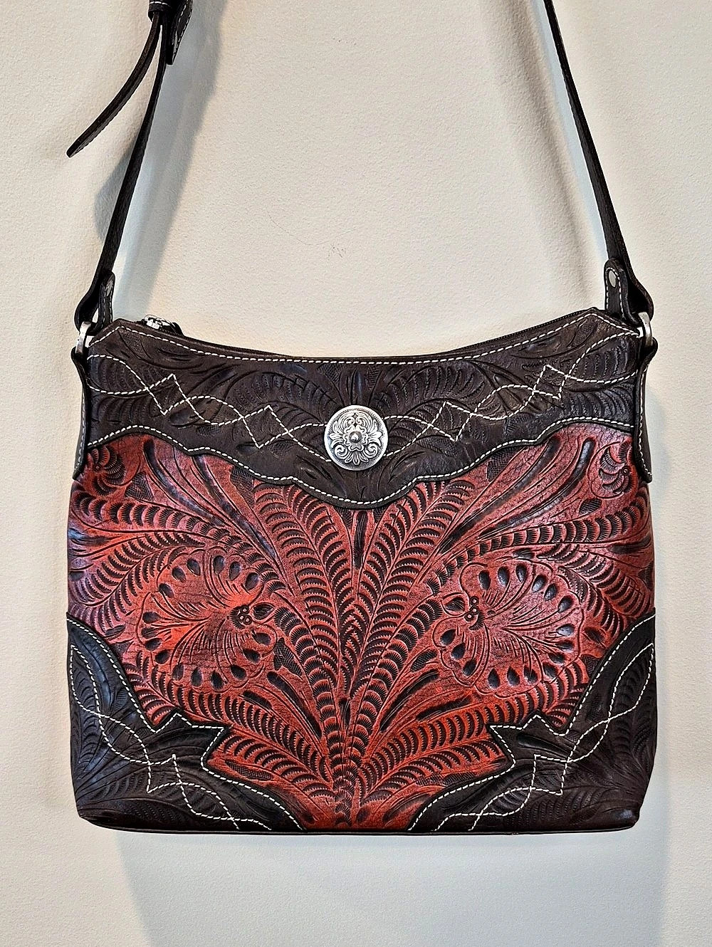 American West Leather Shoulder Bag With Engraved Silver-Stone Strap Hardware